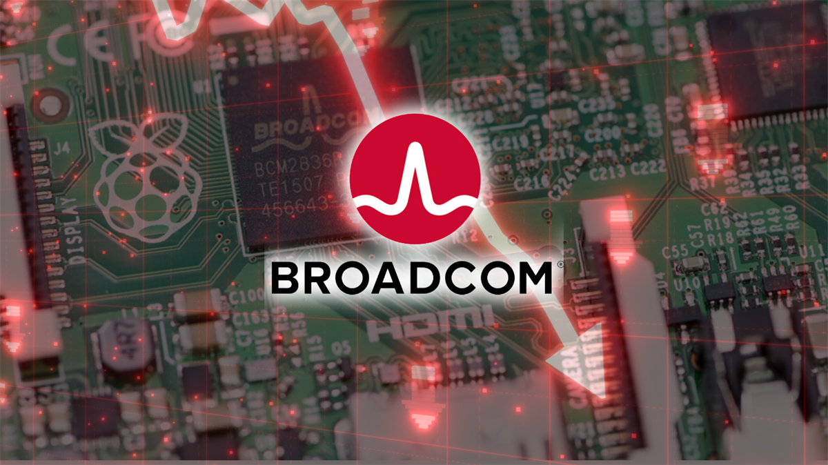 Broadcom logo over a circuit board with red, downward-trending market graphics.