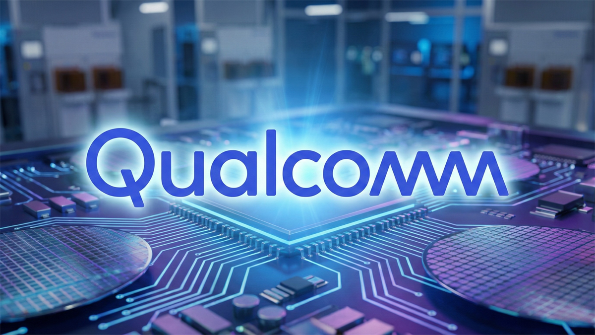 Glowing Qualcomm logo hovering above a microchip on a circuit board in a futuristic semiconductor lab, blue light.
