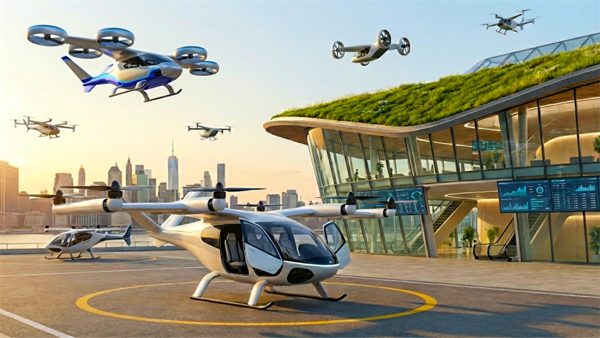 Electric air taxis and drones operate at a modern vertiport, highlighting urban air mobility growth.