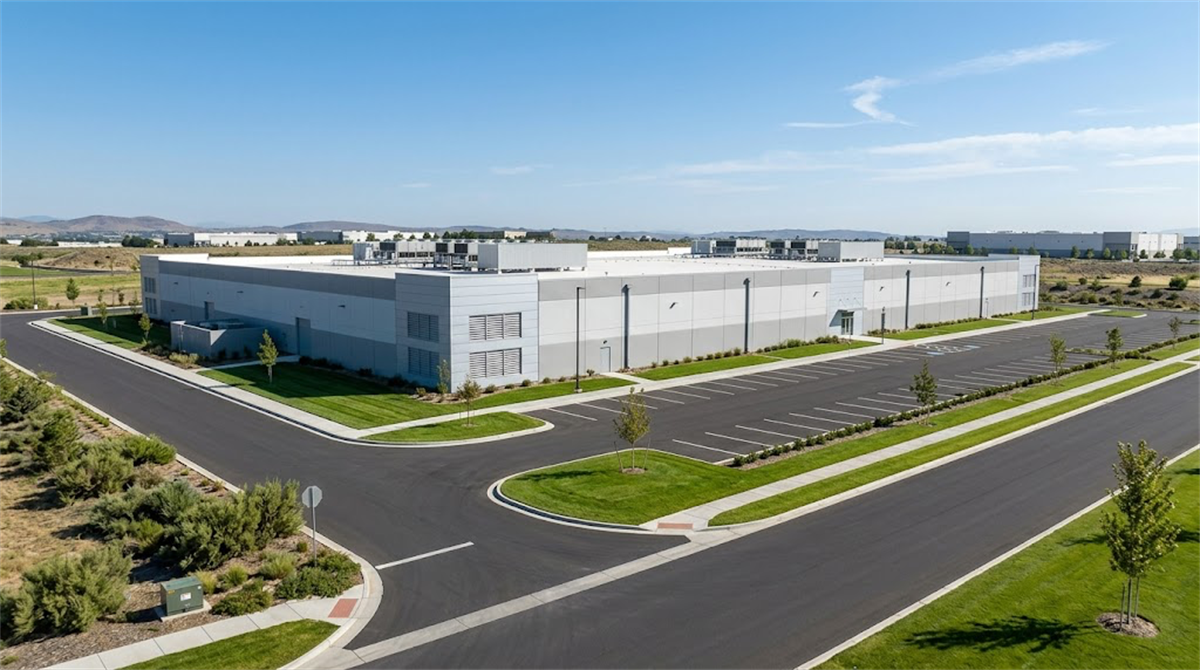 Aerial view of a large industrial warehouse or distribution center with surrounding parking lot.