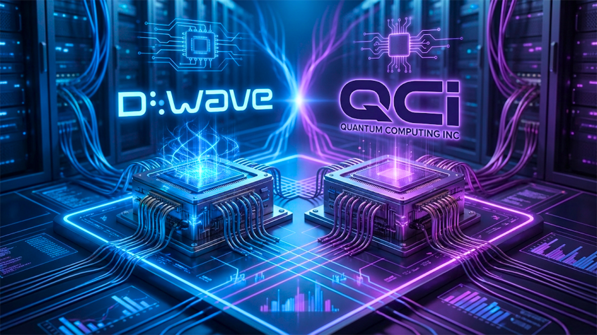 D-Wave and QCi logos over quantum chips in a data center, highlighting quantum computing stocks and AI demand.