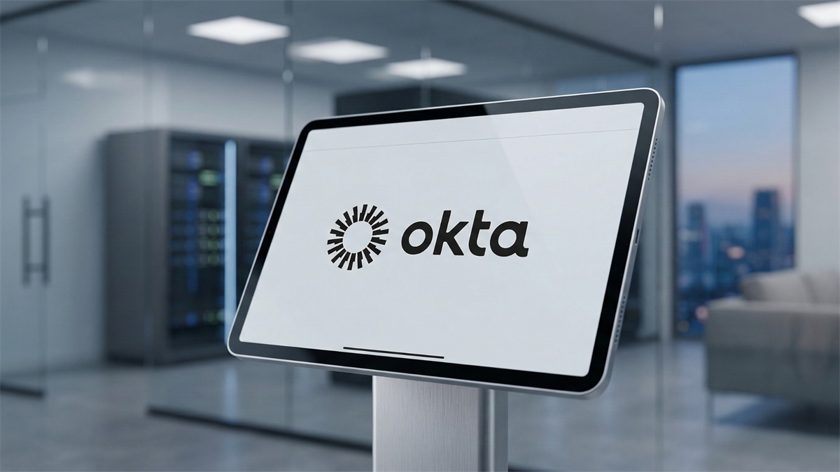 Tablet displaying the Okta logo in a modern office server room, representing Okta and cybersecurity technology infrastructure.