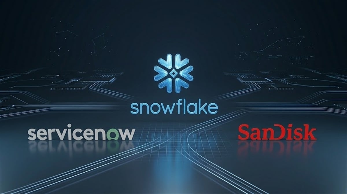Logos for Snowflake, ServiceNow, and SanDisk displayed against a dark digital circuit board background.
