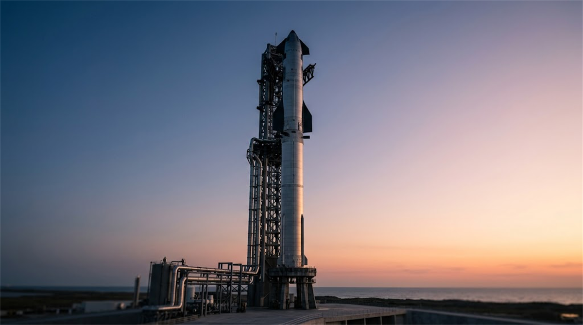SpaceX Starship rocket stands on its launch pad at sunset near the ocean.