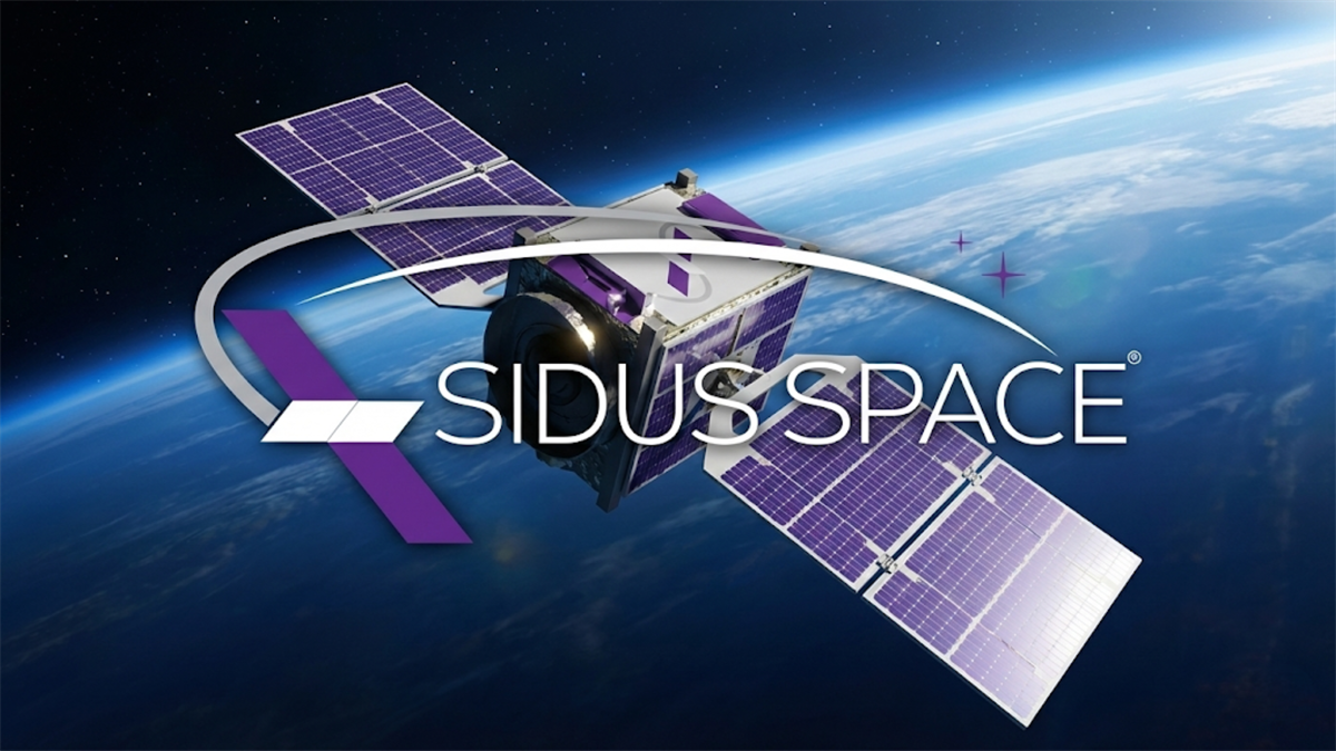 Sidus Space satellite with purple solar arrays orbits above Earth, reflecting the company’s focus on space-based data.