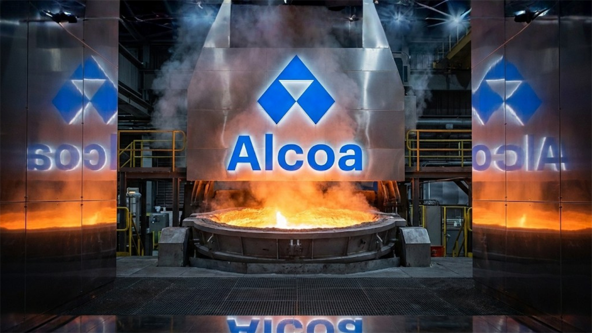 Alcoa logo above molten aluminum at a smelter highlights industrial metals production and aluminum market demand.