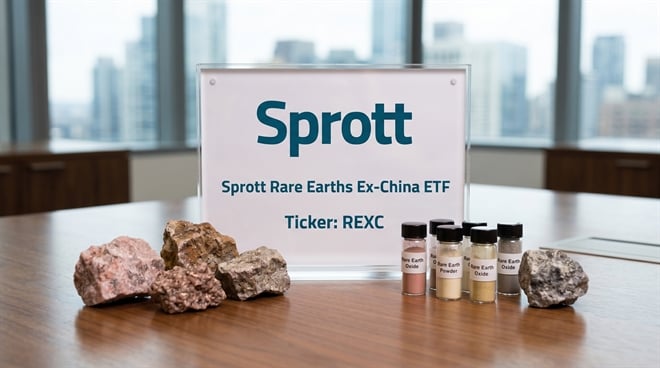 Sprott sign promoting the Sprott Rare Earths Ex-China ETF, ticker REXC, displayed alongside mineral rock samples and vials of rare earth oxides and powder.