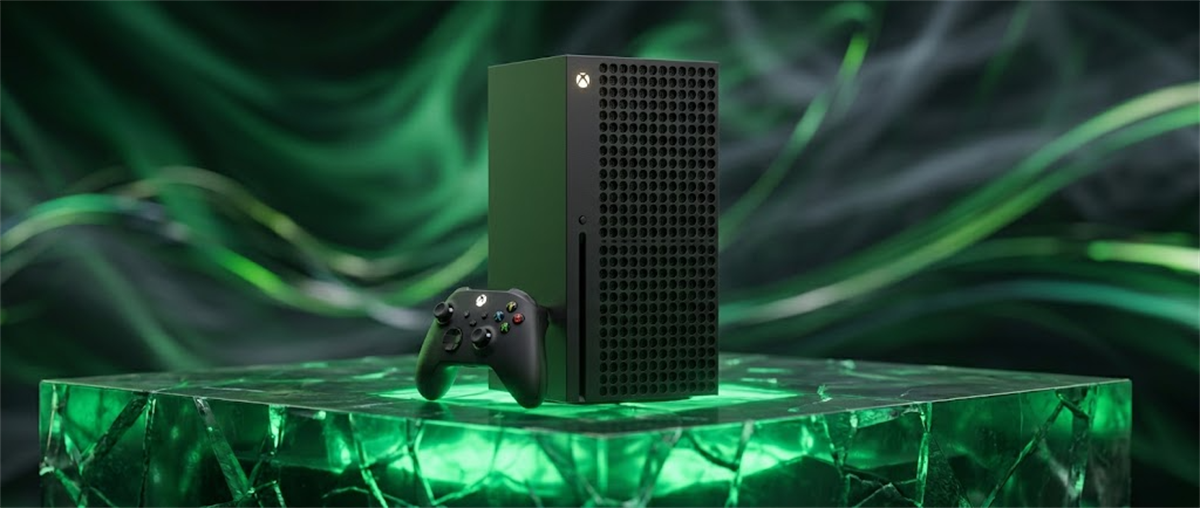 Microsoft Xbox Series X gaming console and wireless controller displayed on a green-lit platform.