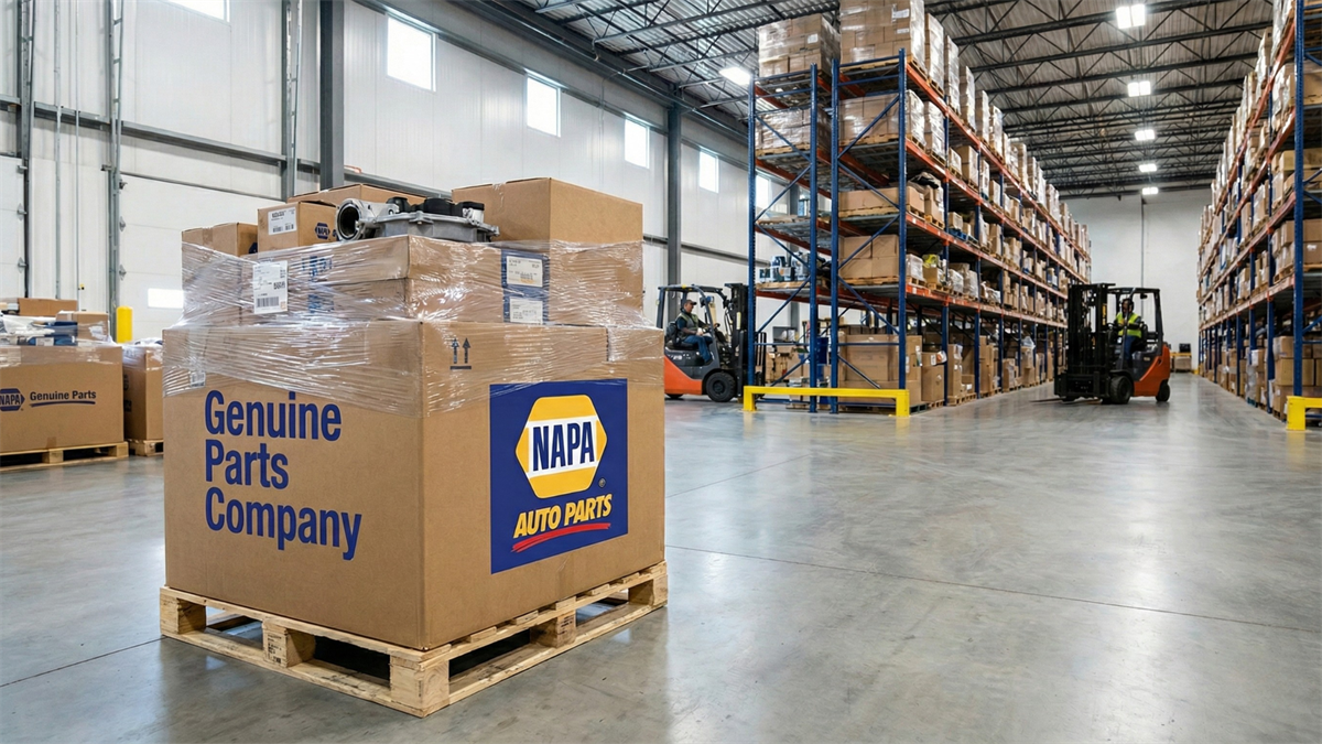 Warehouse interior with stacked Genuine Parts Company boxes and NAPA Auto Parts branding, forklifts and industrial shelving in background.