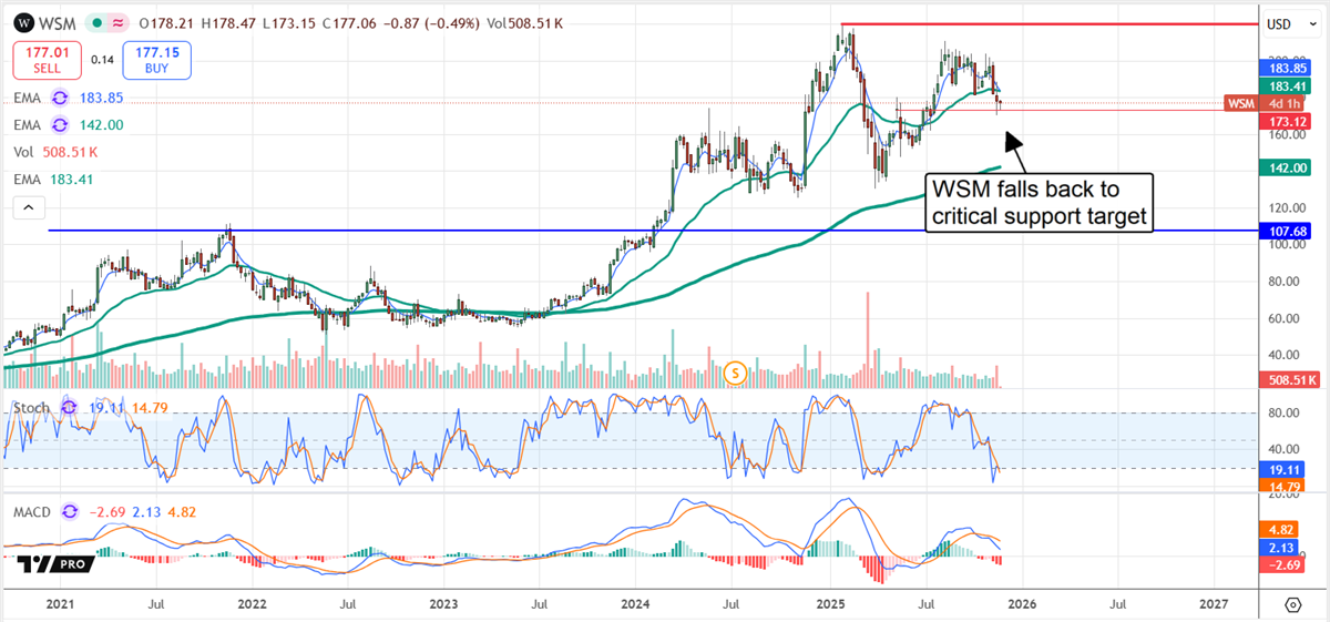 WSM stock chart illustrating how the stock fell back to its critical support target.