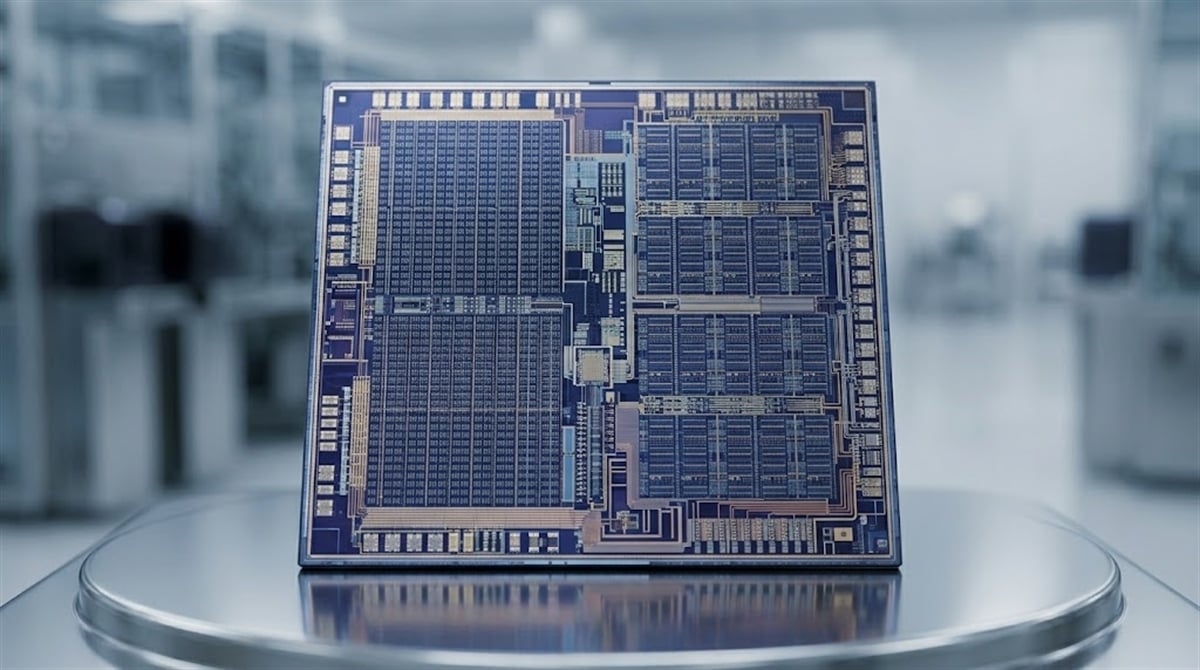A large semiconductor die displaying dense circuit patterns rests on a polished surface in a cleanroom setting.