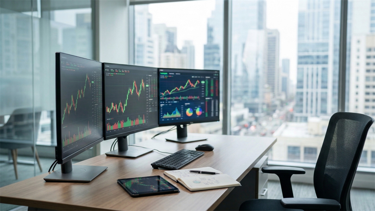 Investing workspace with three monitors displaying stock market charts, a tablet and notebook on a desk, and a city skyline visible through large office windows.