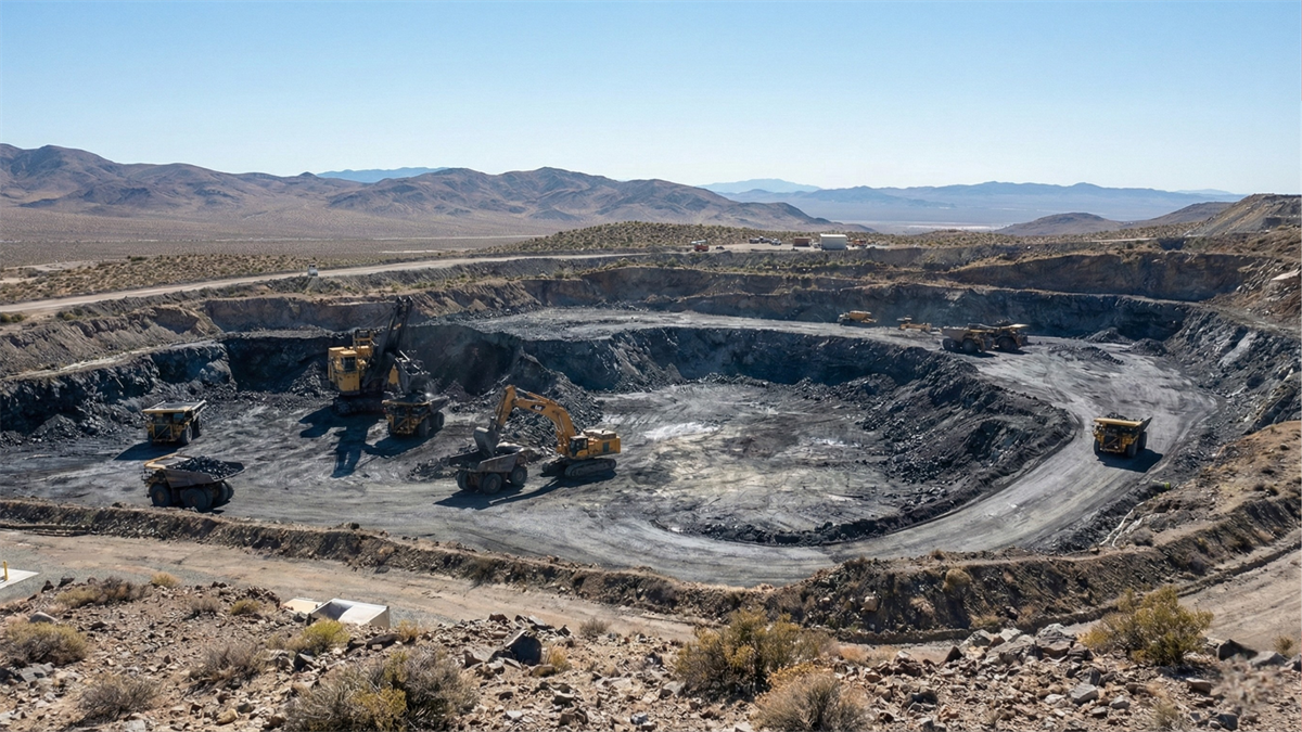 An open-pit mine with heavy excavation equipment and haul trucks operating in an arid desert landscape.