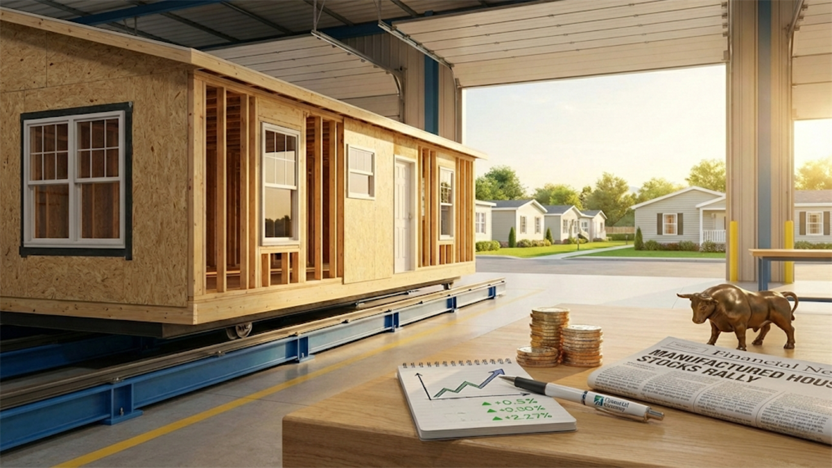 Manufactured home with housing models outside reflects housing stocks rallying on demand and affordability trends.