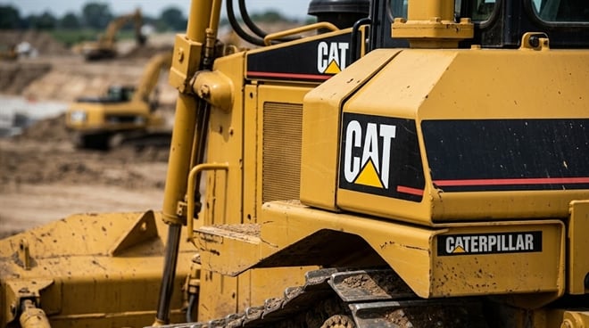 Caterpillar CAT-branded bulldozer operates at an active earthmoving construction site.