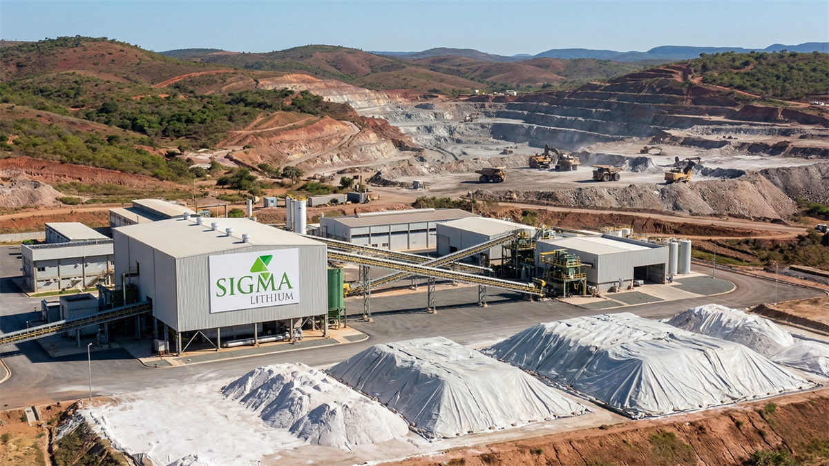 Sigma Lithium plant and open-pit mine with haul trucks, reflecting lithium output ramp and cash flow growth outlook.