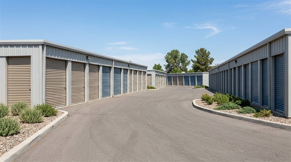 Exterior view of an outdoor self-storage facility with rows of rental units and a paved access drive.