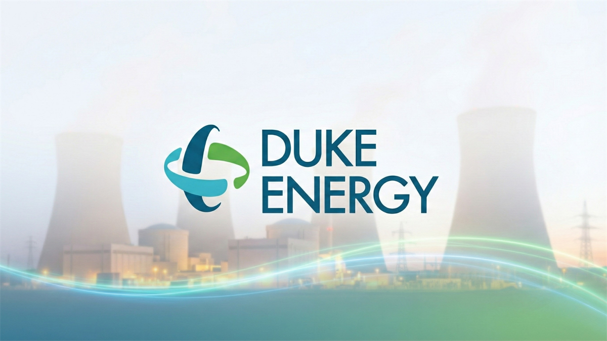 Duke Energy logo over a nuclear power plant backdrop, symbolizing regulated utility investment in nuclear energy to meet AI-era power demand.