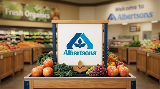 Produce display featuring the Albertsons logo and fresh fruit.