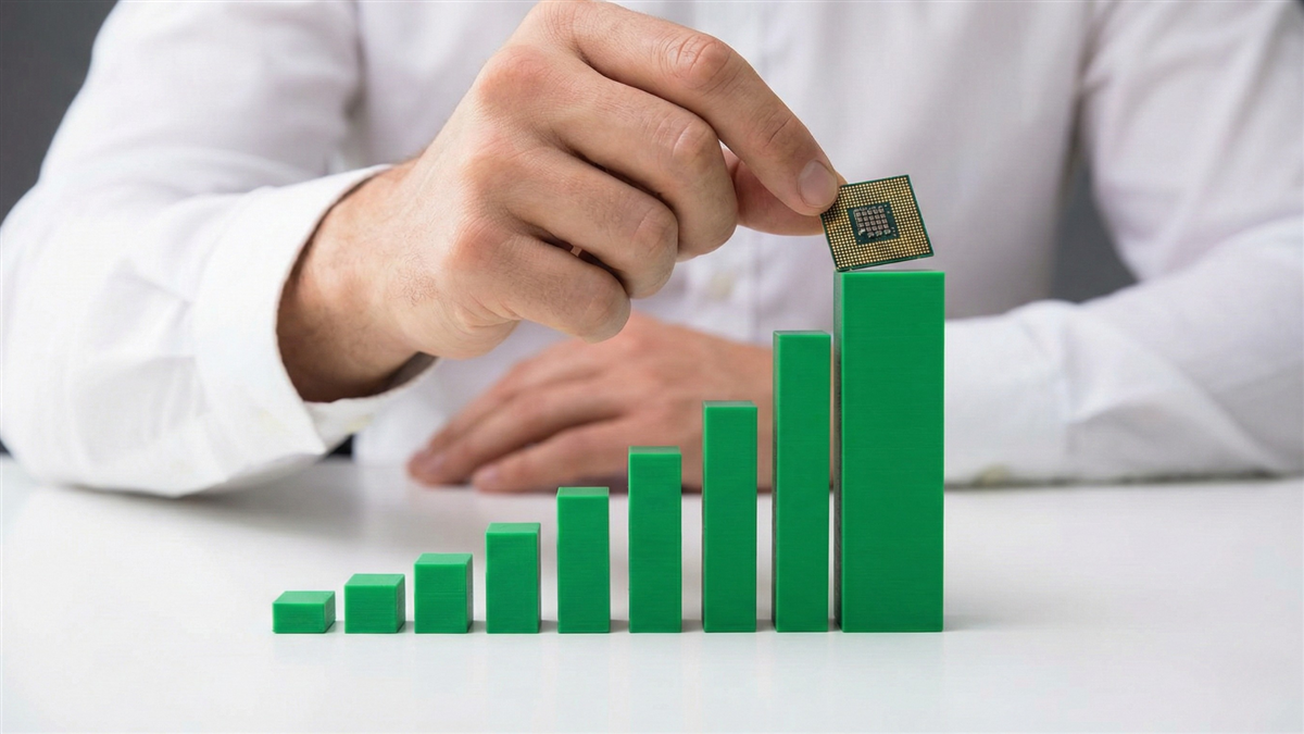Hand placing a microchip on top of rising green bar chart, symbolizing growth in semiconductor stocks.