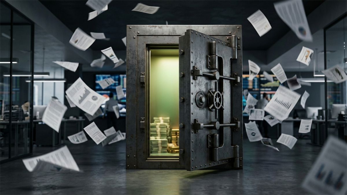 Open bank vault with cash stacks in modern office as papers fly, symbolizing market volatility.