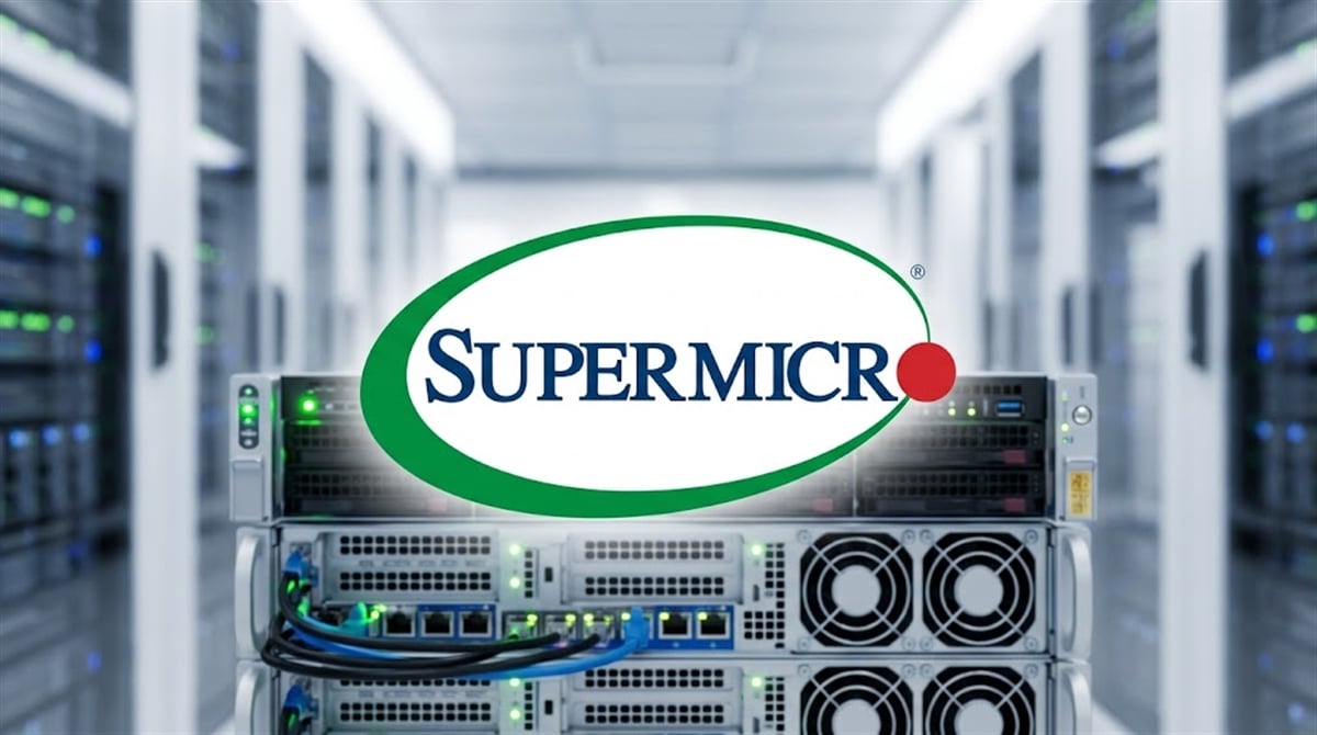 Supermicro logo displayed in front of rack-mounted servers inside a data center.