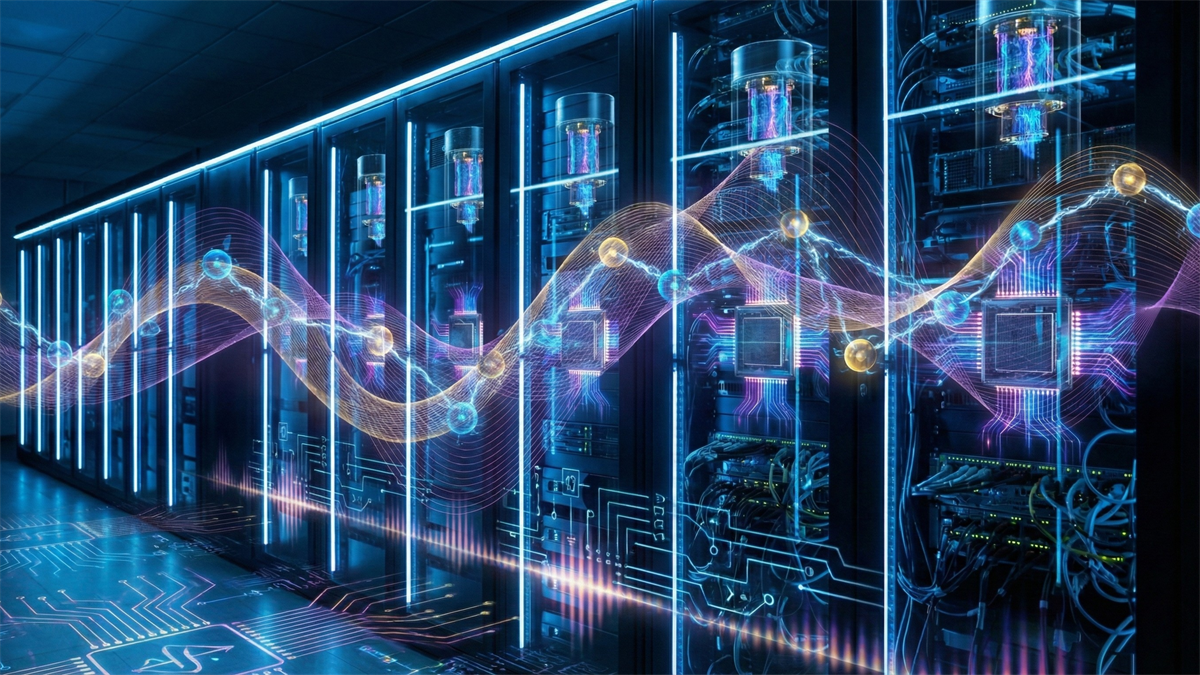 A glowing, high-tech server room with neon data waves illustrating fast, advanced computing.