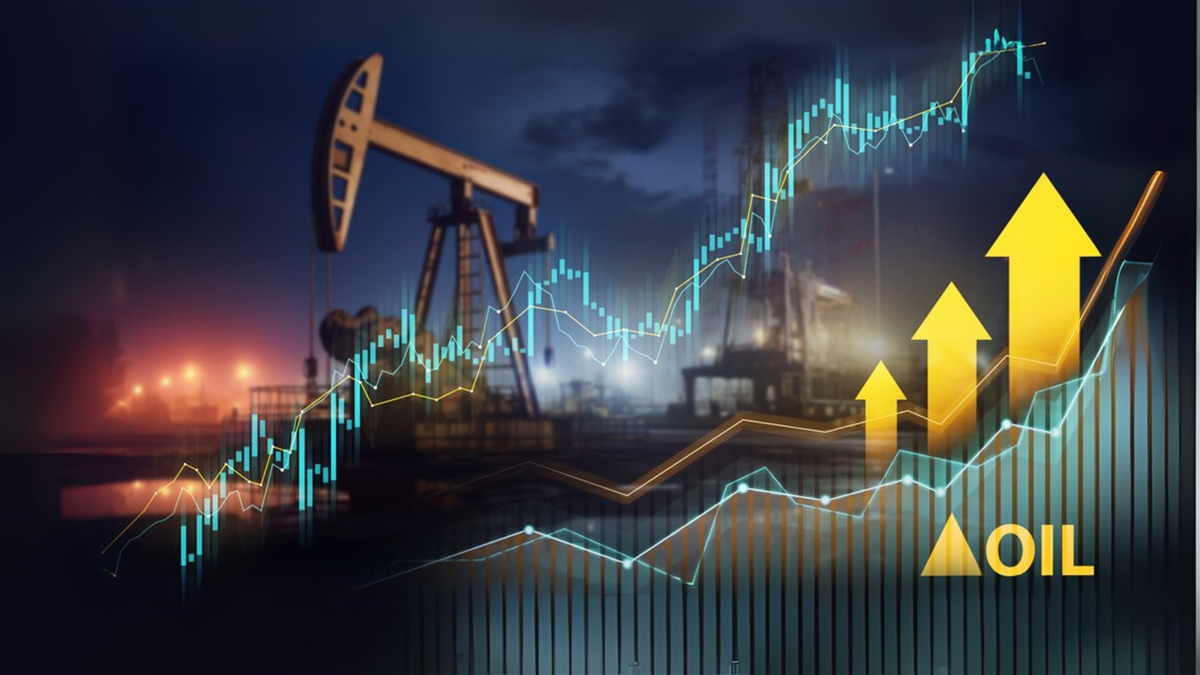Oil drilling rigs at dusk with glowing financial graphs, symbolizing market performance