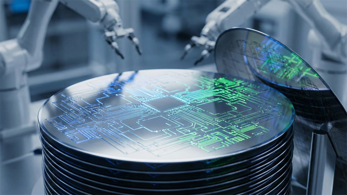 Robotic arms handling stacked semiconductor wafers in a fabrication facility, illustrating constrained silicon supply in the HBM memory industry.