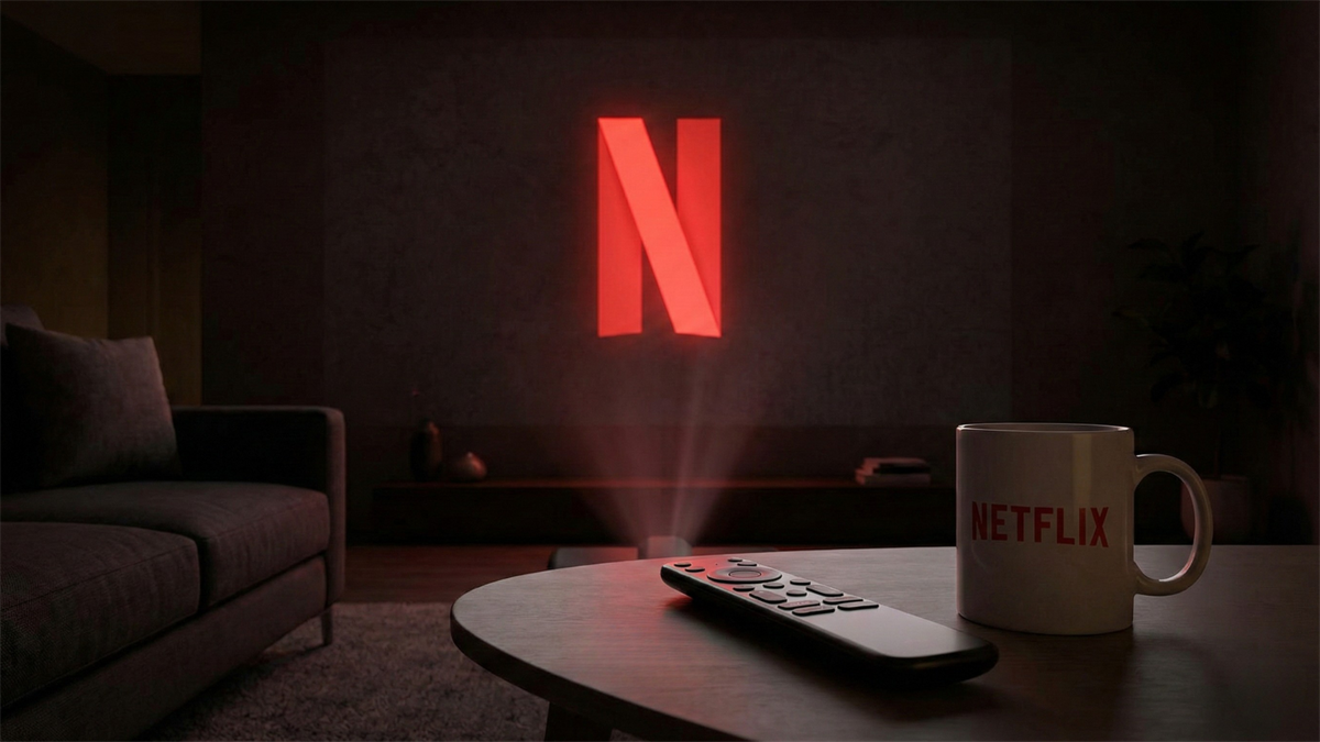 Netflix logo projected in a dim living room with a remote and Netflix mug on the coffee table.