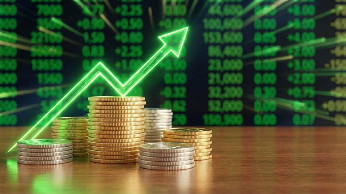 Stacks of coins beneath a rising arrow and stock quotes, signaling dividend increases and stronger returns for income investors.