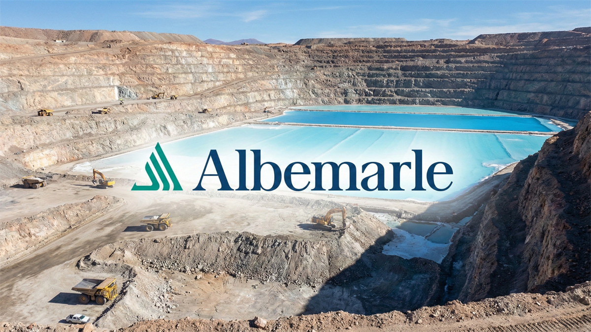 Albemarle-branded lithium mine with turquoise evaporation ponds, highlighting rising lithium demand for EVs.