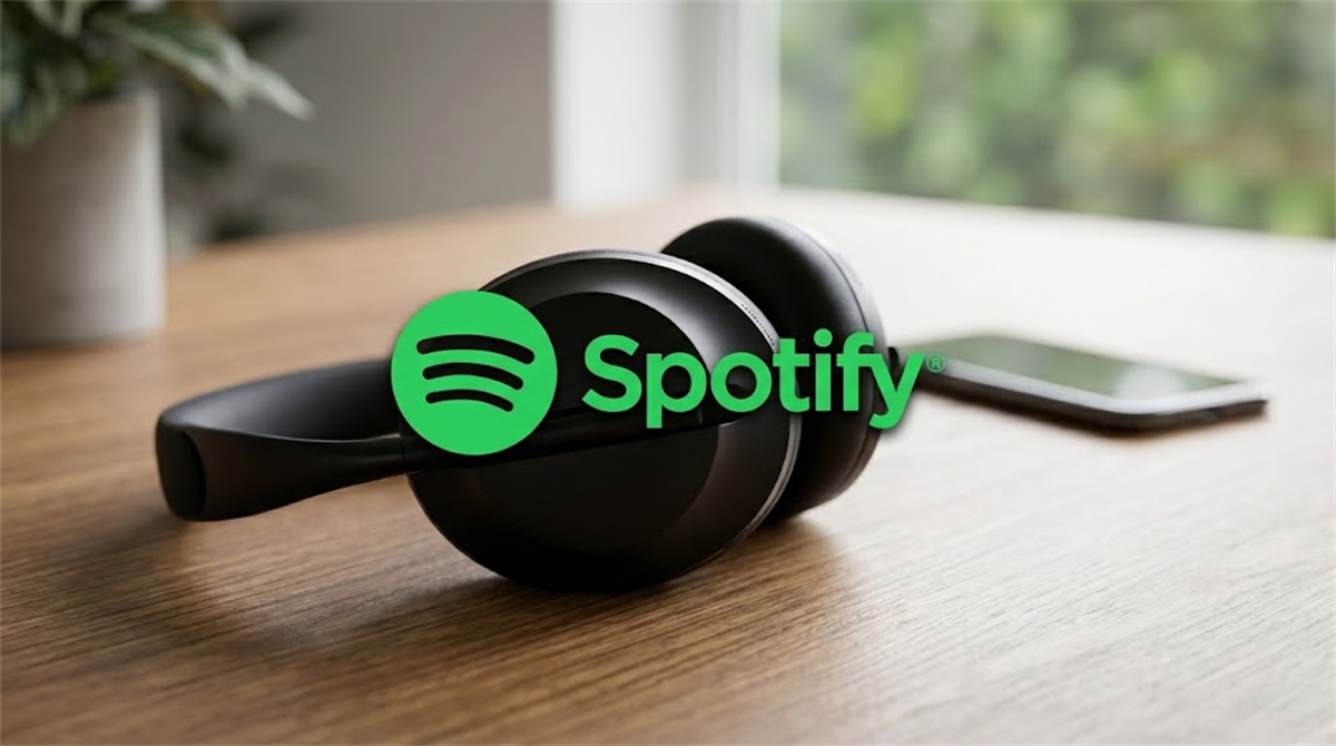Spotify logo overlaid on a pair of black over-ear headphones resting on a wooden desk.