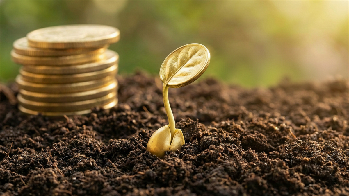 A golden coin sprout emerges from rich soil beside a stacked pile of gold coins, symbolizing dividend yield and financial growth.