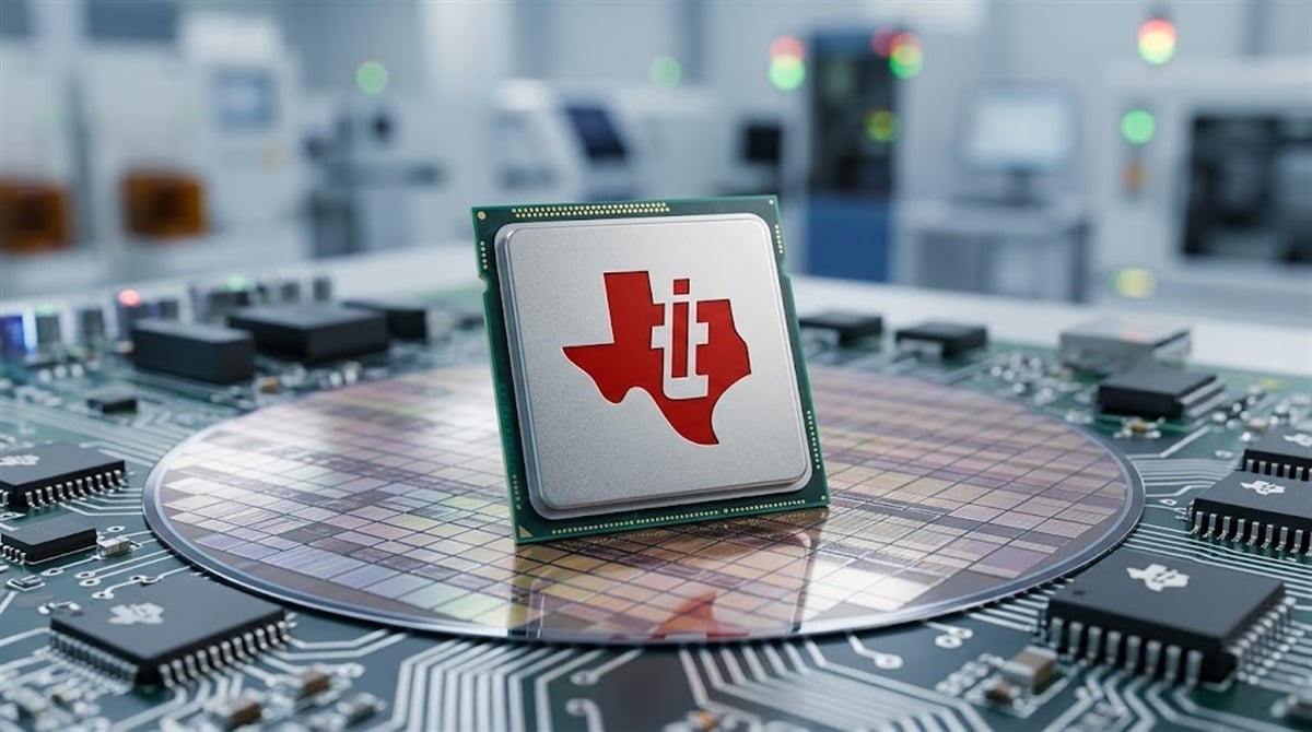 Texas Instruments logo displayed on a semiconductor chip resting on a silicon wafer in a fabrication facility.