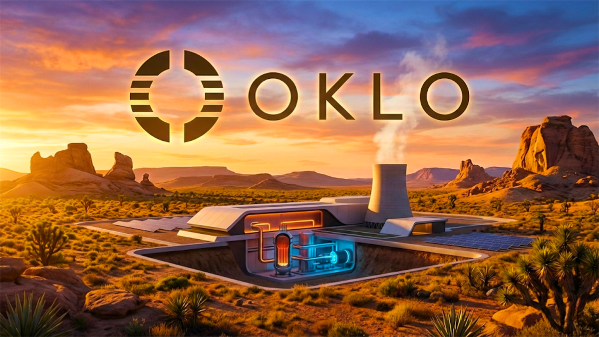 OKLO logo above a compact nuclear power facility in a desert setting highlights advanced nuclear energy.