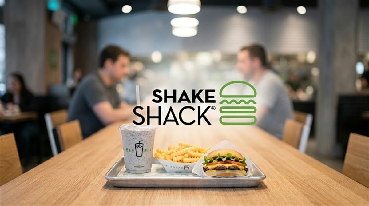 Shake Shack logo overlaid on a tray holding a burger, crinkle fries, and a milkshake inside a Shake Shack restaurant.