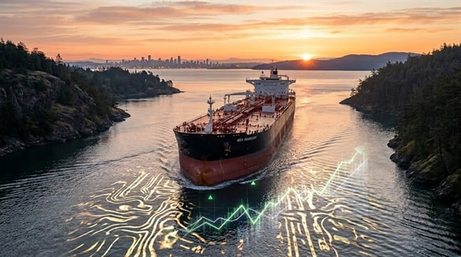 A large oil tanker navigating a narrow strait at sunrise, with a rising green stock chart overlaid on the water in the foreground.