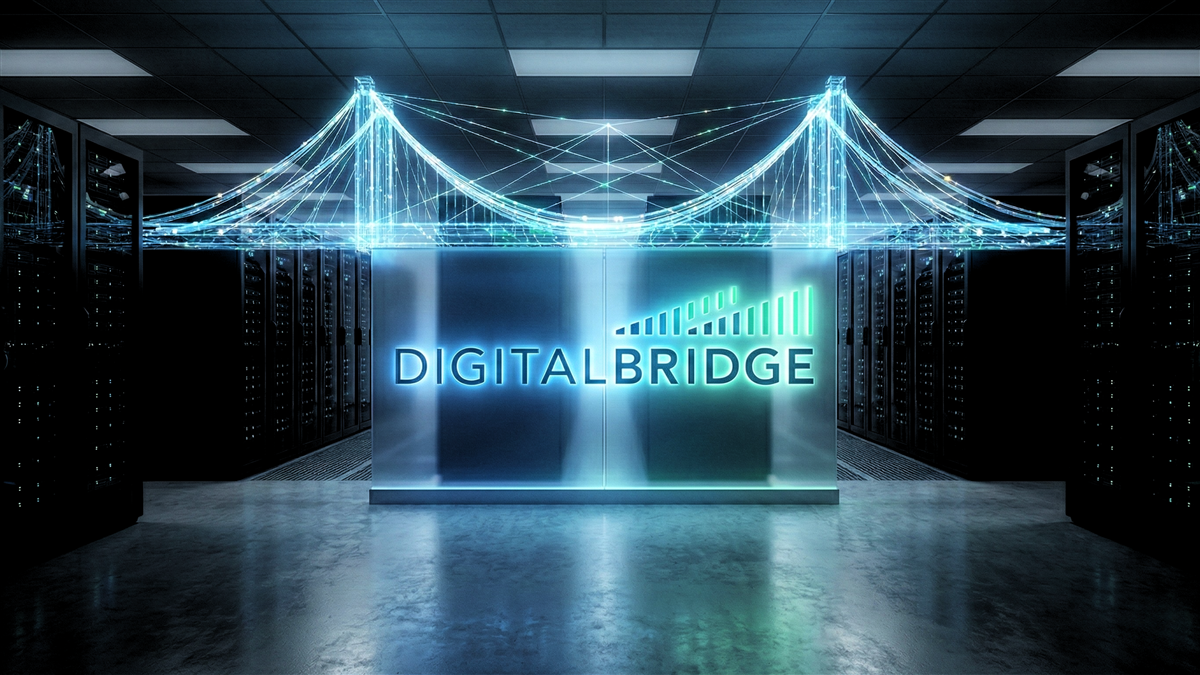 DigitalBridge logo glowing in a data center with a light-bridge motif signaling digital-infrastructure growth.