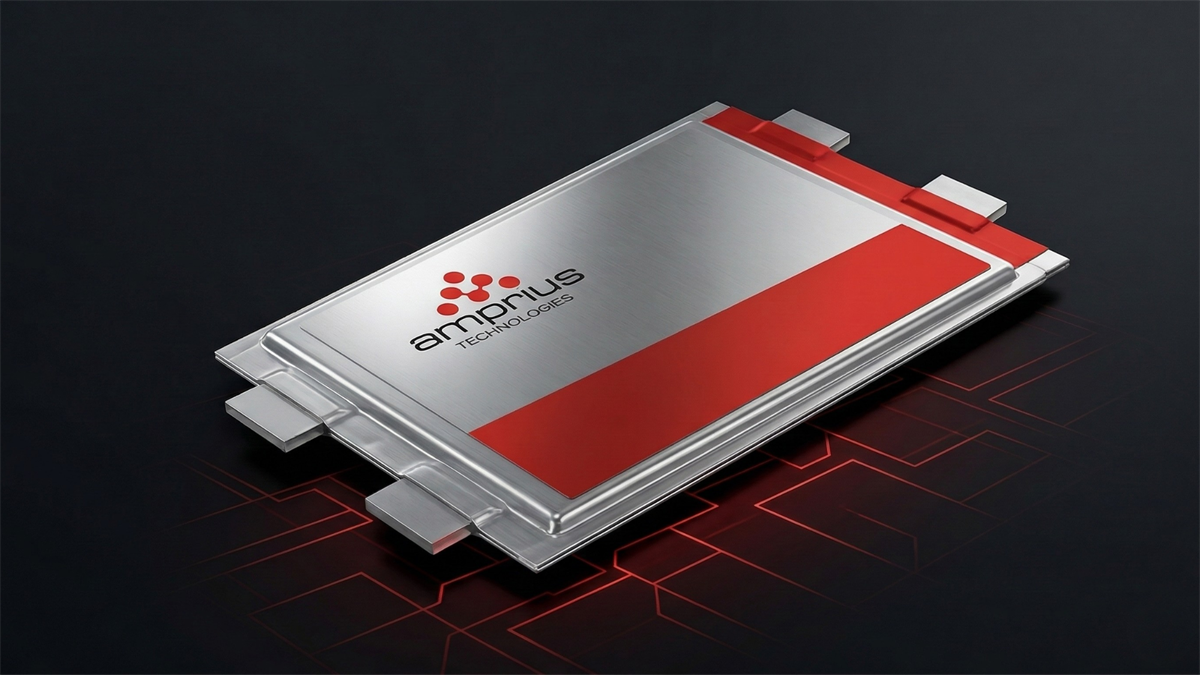 Amprius Technologies lithium-ion battery cell with logo, symbolizing high-density batteries driving stock momentum.