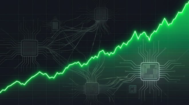 A glowing green line graph rising over stylized CPU chip schematics.