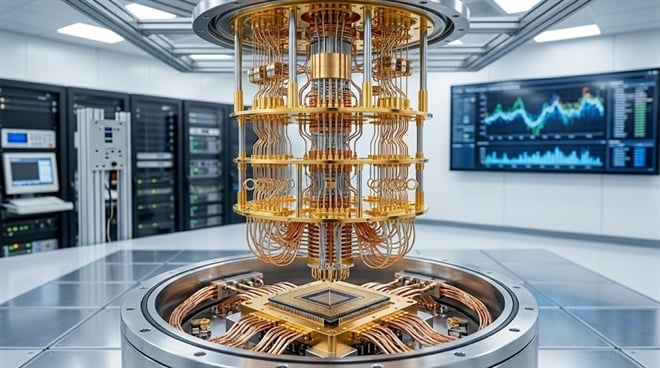 A detailed photograph of ornate, tiered golden quantum computing hardware with visible wires and components, suspended above a processor chip in a clean server room.