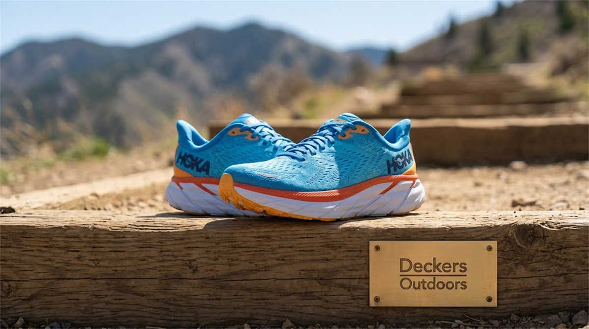 A pair of Hoka running shoes displayed outdoors alongside a Deckers Outdoors branded sign.