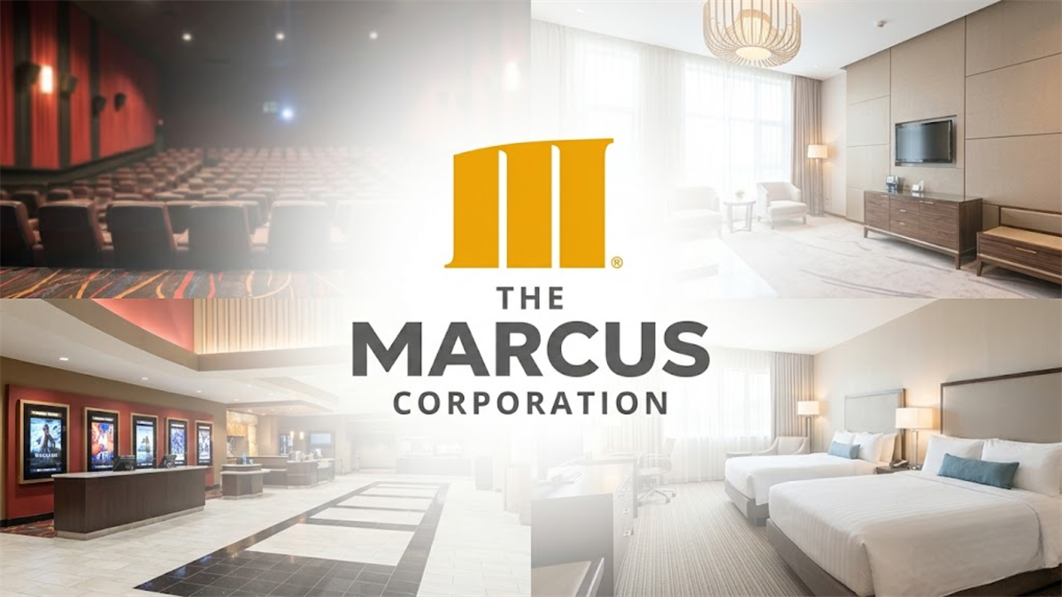 The Marcus Corporation logo centered over a collage of movie theater and hotel room interiors.