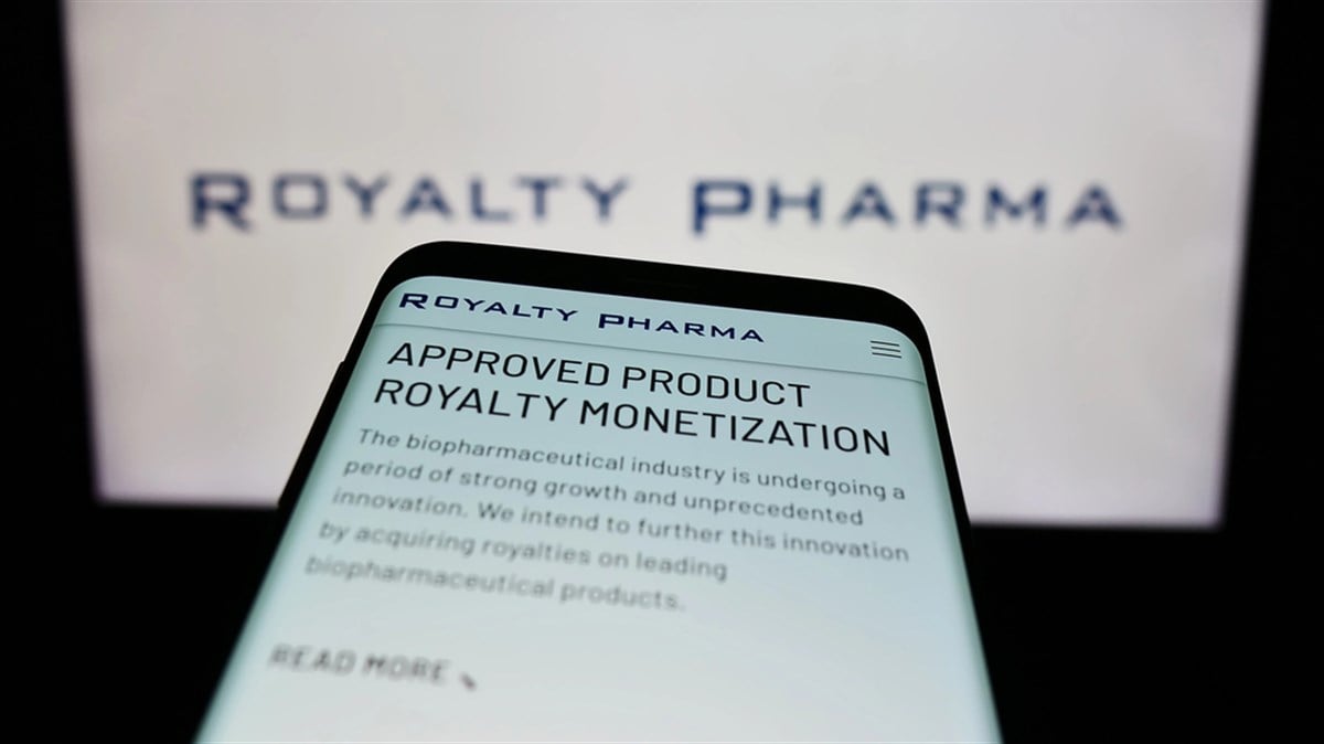 Royalty Pharma Information on a phone screen with Royalty Pharma logo in background