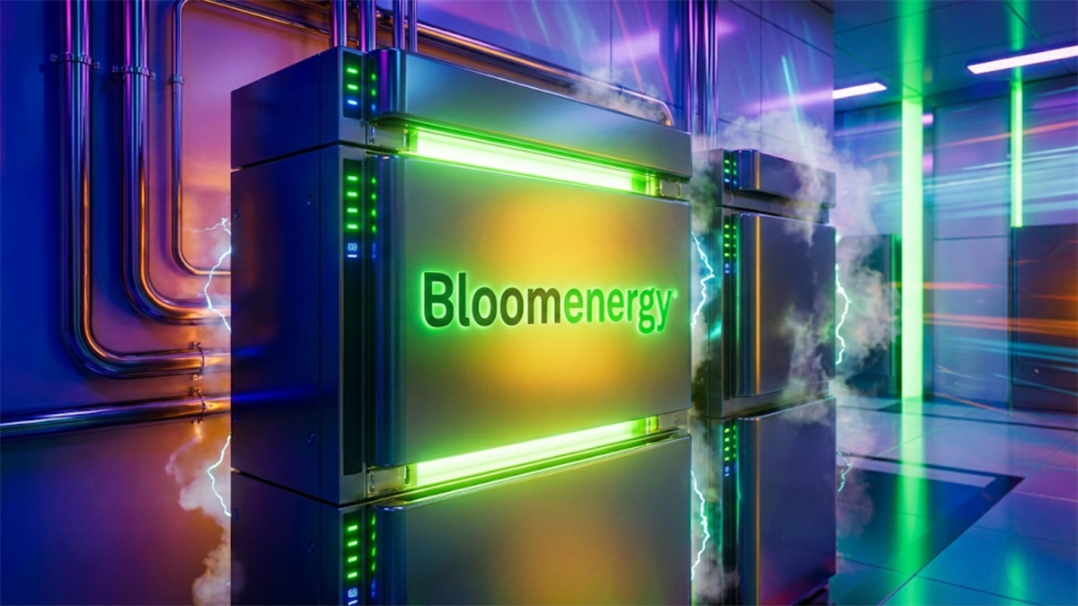 Bloom Energy fuel cell units in a data center setting, highlighting clean power solutions and energy infrastructure demand.