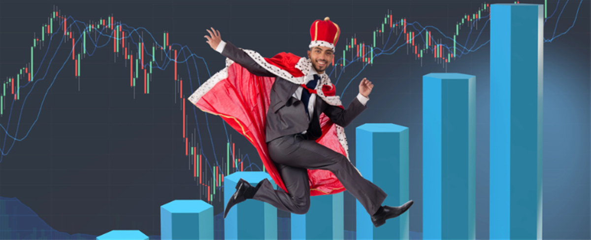 Businessman dressed as a king overlayed on a stock chart