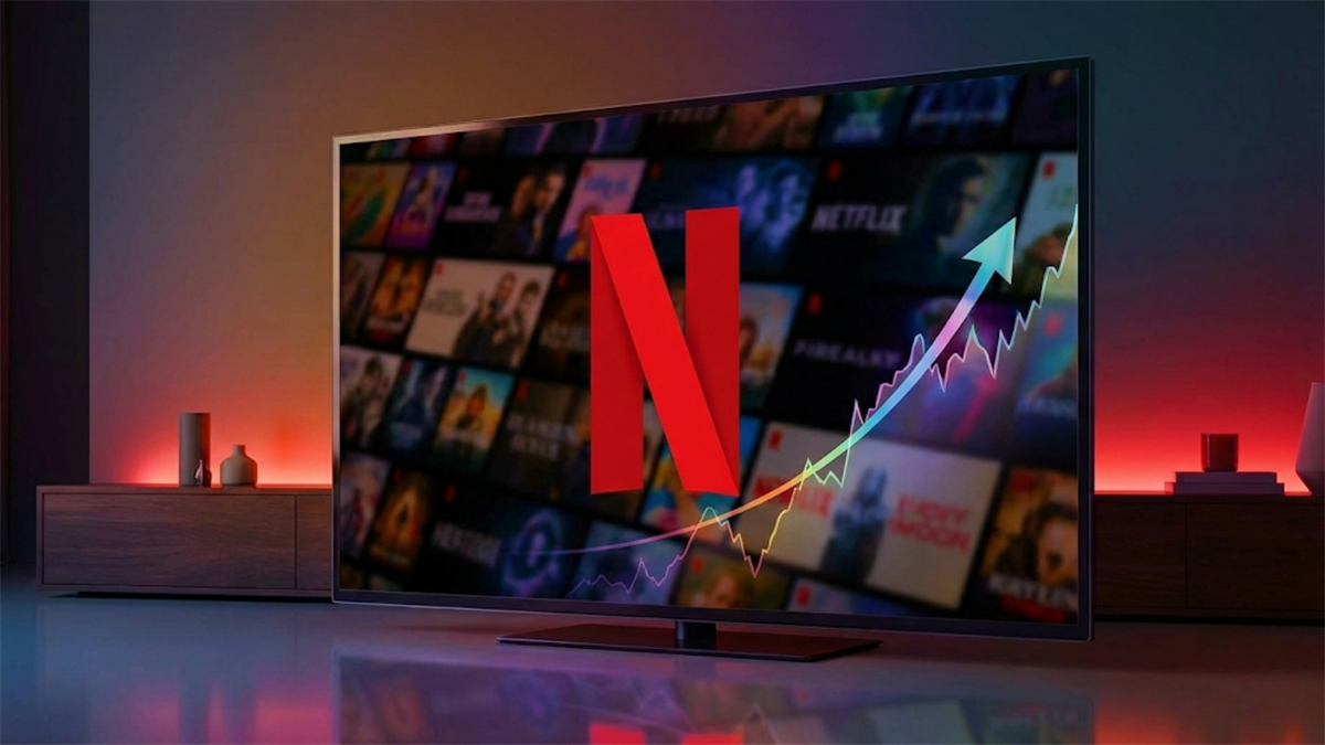 Netflix logo on a glowing TV screen with an upward stock-trend arrow, highlighting rising demand.