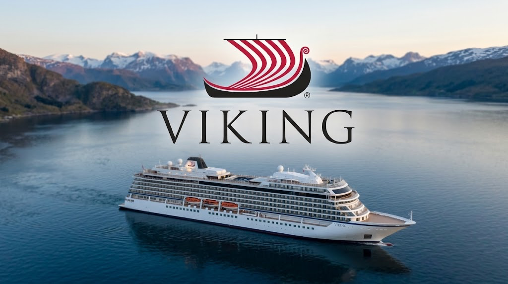 Viking cruise ship sailing on a fjord with snow-capped mountains, overlaid with the Viking logo.