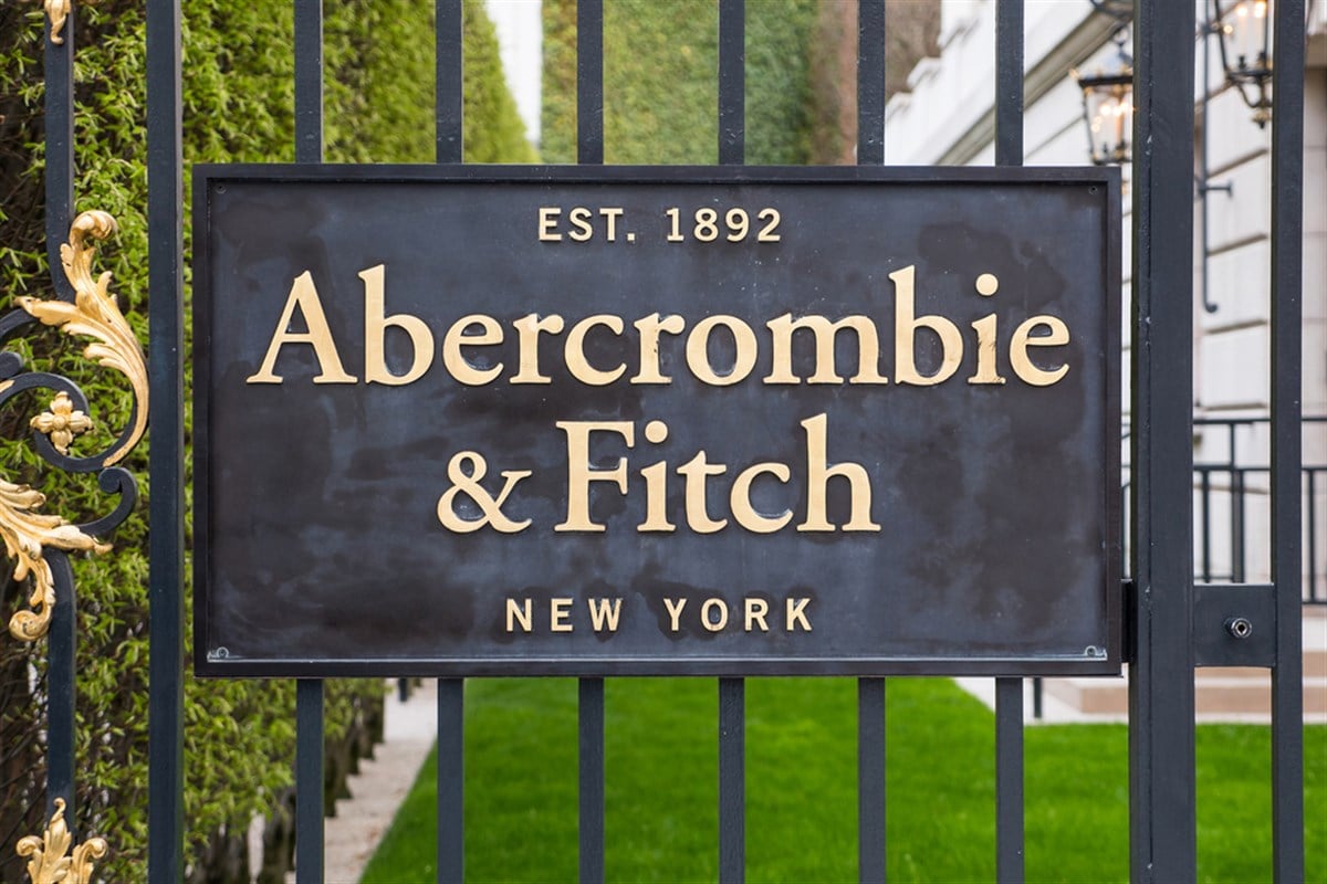 PARIS, FRANCE - APRIL 6, 2015: Abercrombie & Fitch clothing store plate on Champs Elysees. A&F is an American retailer with over 400 locations in the United States, and it